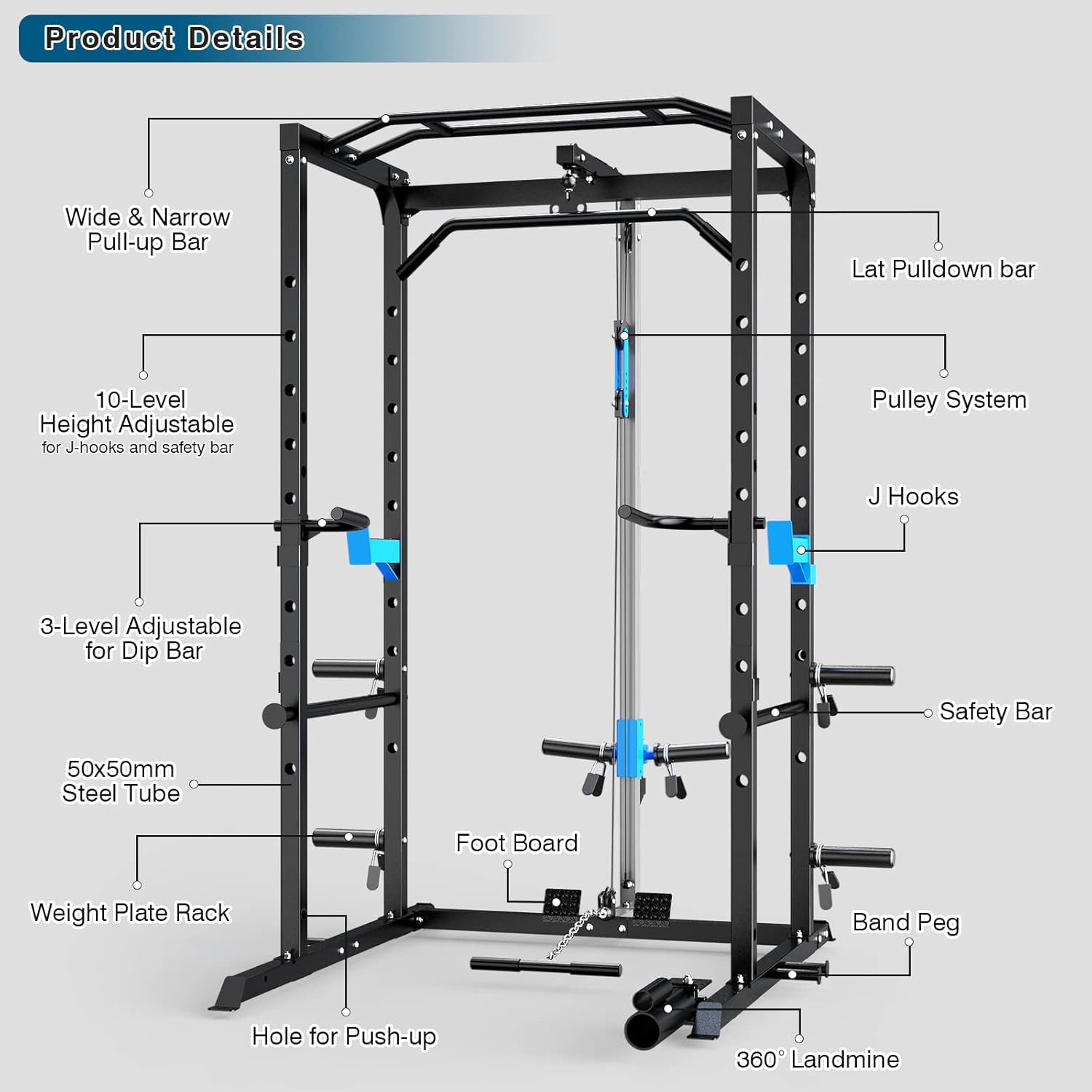 Power Cage, Multi-Functional Power Rack with J-Hooks, Dip Handles, Landmine Attachment and Optional Cable Pulley System for Home Gym - Image 6