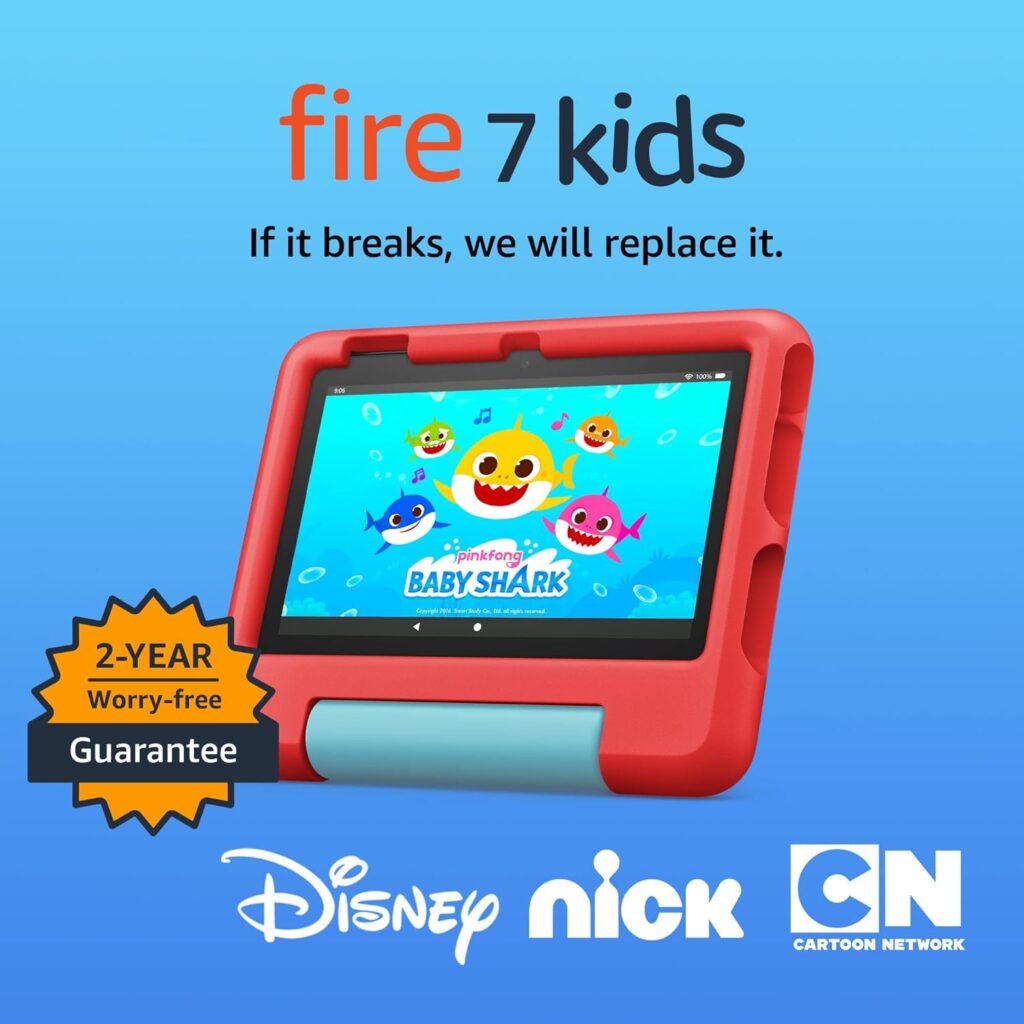 Amazon Fire 7 Kids tablet (newest model) ages 3-7. Top-selling 7" kids tablet on Amazon. Includes ad-free and exclusive content, easy parental controls, 10-hr battery, 16 GB, Red