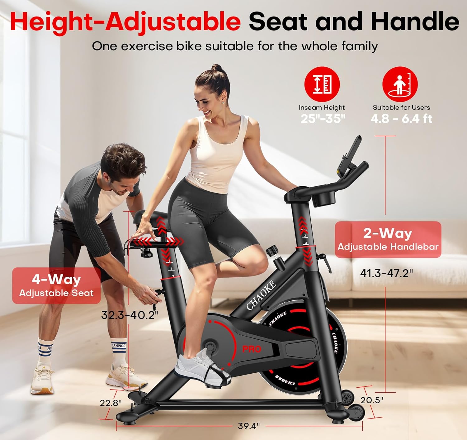 CHAOKE Exercise Bike, Quiet Adjustable Magnetic Stationary Bike for Home Cardio with App Compatible, 350LB Weight Capacity Indoor Cycling Bike with Large Seat, Dumbbell Rack, Pull Cords & LCD Display - Image 6