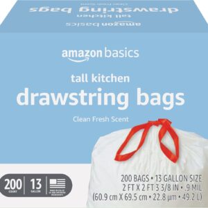 Amazon Basics Scented Trash Bags, Tall Kitchen Drawstring, Clean Fresh Scent, 13 Gallon, 200 Count, Pack of 1