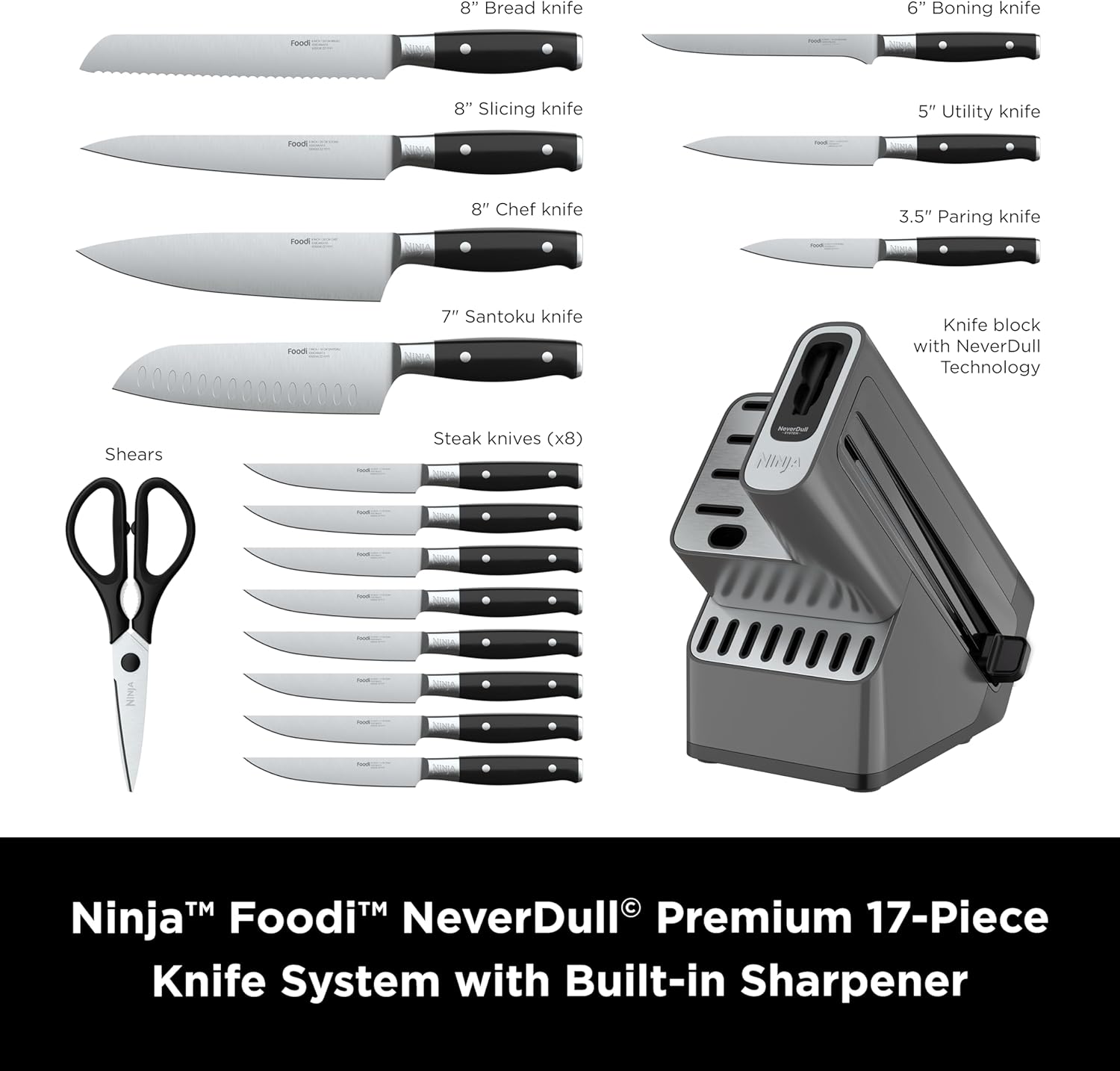 Ninja K32017 Foodi NeverDull Premium Knife System, 17 Piece Knife Block Set with Built-in Sharpener, German Stainless Steel Knives, Black - Image 2