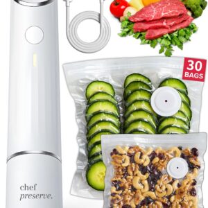 Chef Preserve Compact Vacuum Sealer for Food (Vacuum Sealer Machine + 30 Reusable Vacuum Bags) Powerful Handheld Vacuum Sealer Machine, Seal Meal Saver, Portable Food Sealer