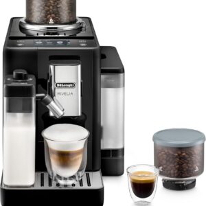 De’Longhi Rivelia Automatic Espresso Machine with Grinder & Milk Frother – All-in-One Coffee Maker, Hot & Iced Latte, Cappuccino, Bean Switch System, Burr Grinder, Compact Italian Design, Black