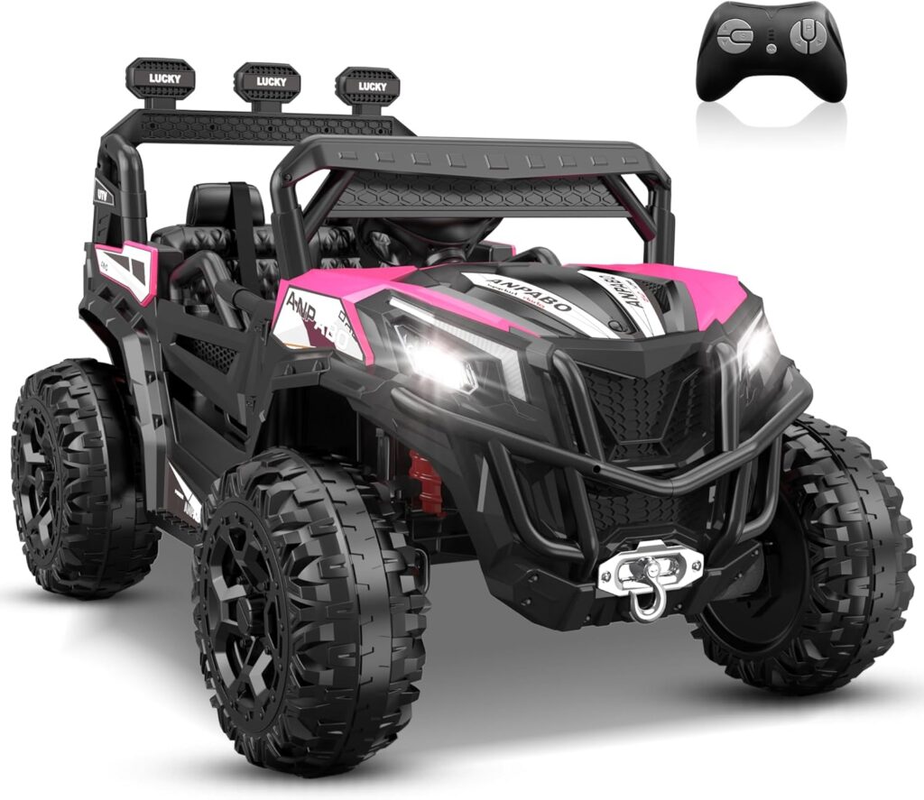 ANPABO 24V Ride on Toys for Big Kids w/Remote Control, 4X75W Motors, Max 4.5MPH, 4WD/2WD Switchable, 4 Shock Absorbers, 19" Spacious Seat, Bluetooth, Electric Car for Kids(Pink)
