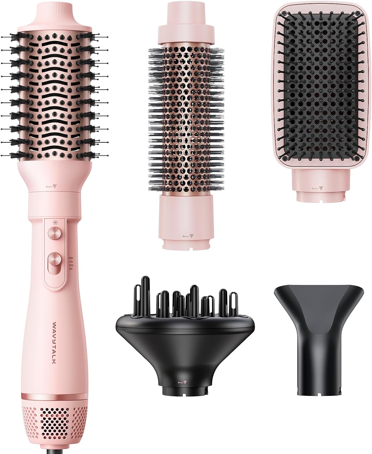 Blow Dryer Brush Set, Wavytalk Air Sculpt 5-in-1 Hot Air Brush Set, Multi Hair Styler for Salon Blowouts, Smooth Curls, Volumizing and Straightening, Sleek and Less Frizz, Pink