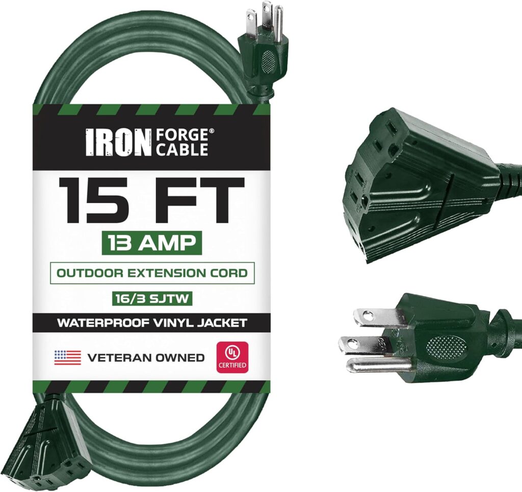 Iron Forge Cable 15ft Green Outdoor Extension Cord with 3 Outlets - 16/3 SJTW 15ft Extension Cord 3 Prong, 13 Amp All-Weather Heavy Duty Power Cable