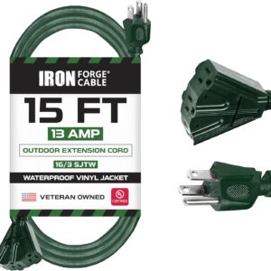 Iron Forge Cable 15ft Green Outdoor Extension Cord with 3 Outlets – 16/3 SJTW 15ft Extension Cord 3 Prong, 13 Amp All-Weather Heavy Duty Power Cable