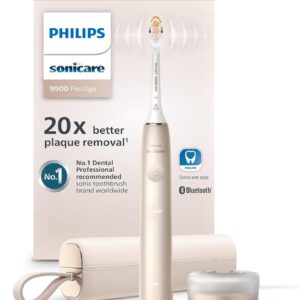 Philips Sonicare DiamondClean 9900 Prestige Electric Toothbrush – with SenseIQ Technology and Advanced AI App, 5 Brushing Modes, 3 Intensity Levels, Charging Travel Case, Champagne, HX9990/11