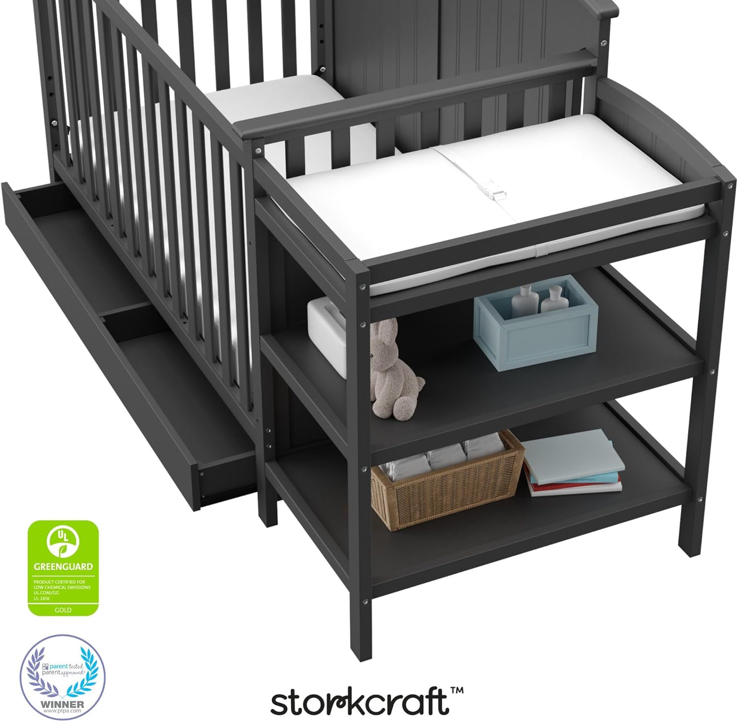 Storkcraft Steveston 5-in-1 Convertible Crib and Changer with Drawer (Gray) – GREENGUARD Gold Certified, Crib and Changing Table Combo with Drawer, Converts to Toddler Bed, Daybed and Full-Size Bed - Image 7