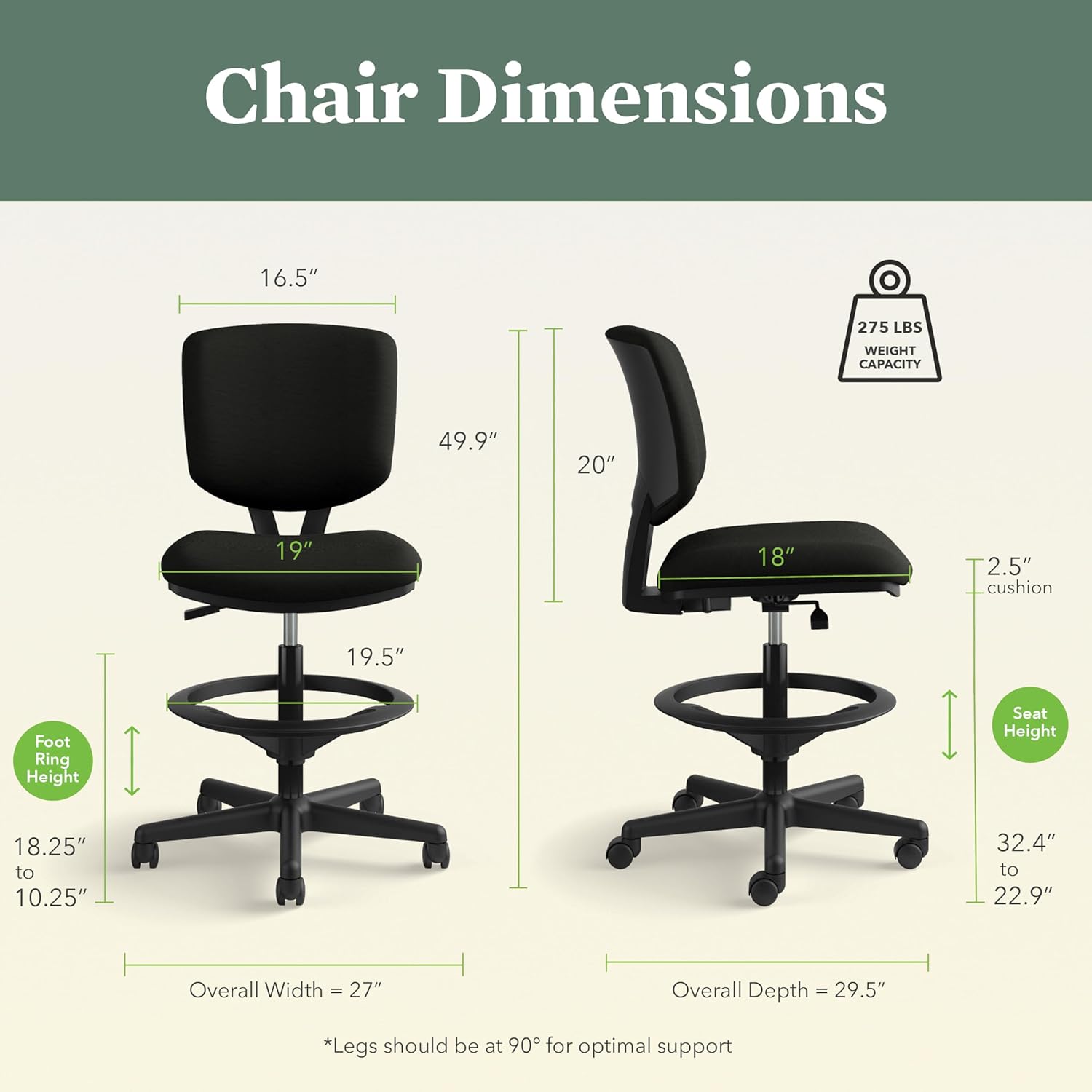 HON Volt Standing Desk Chair, Leather Office Chair with Foot Rest, Armless Drafting Stool, Ergonomic Recline and Center Tilt, for Computers, Offices, Work, Black - Image 2