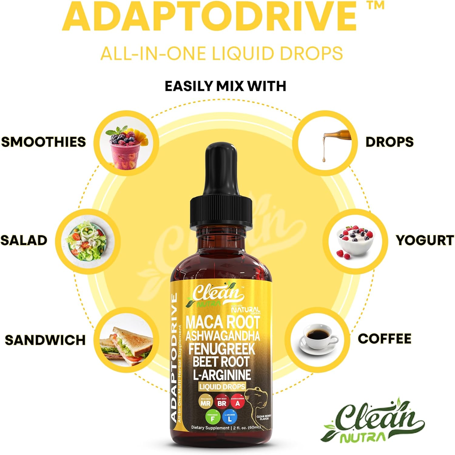 Clean Nutra Organic Maca Root Liquid Drops with Ashwagandha, Fenugreek, Beet Root and L-Arginine Liquid Multivitamin for Women and Men - Adapto Drive - Image 8