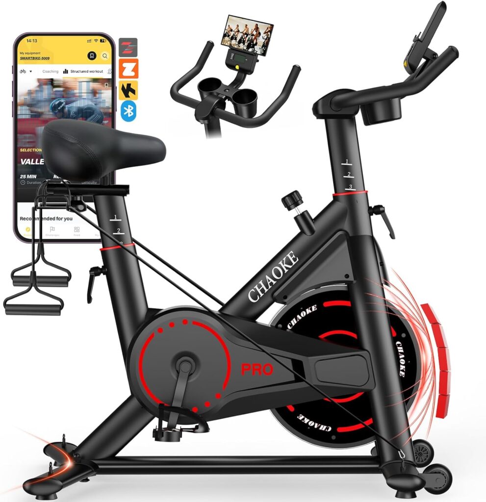 CHAOKE Exercise Bike, Quiet Adjustable Magnetic Stationary Bike for Home Cardio with App Compatible, 350LB Weight Capacity Indoor Cycling Bike with Large Seat, Dumbbell Rack, Pull Cords & LCD Display