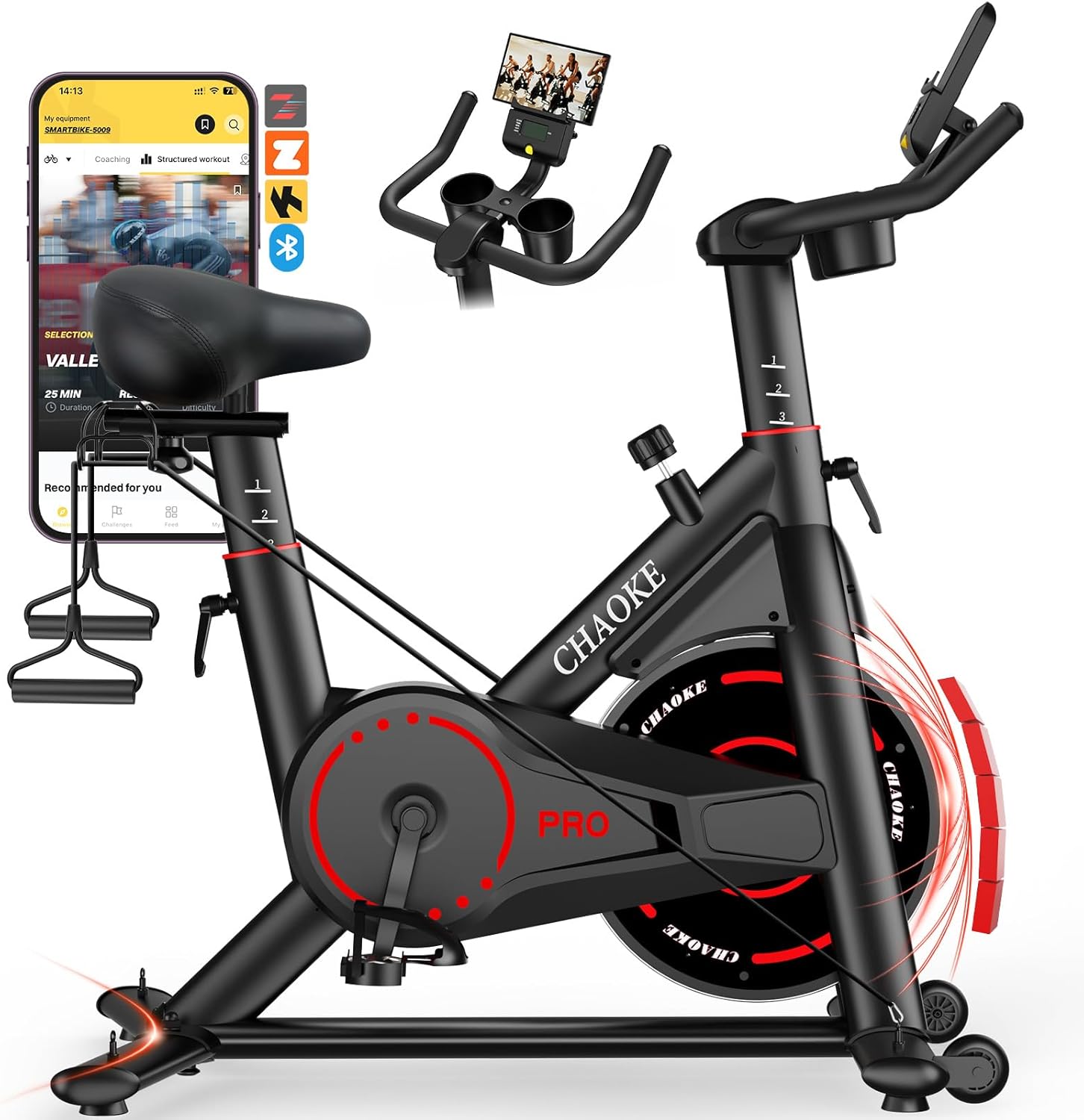CHAOKE Exercise Bike, Quiet Adjustable Magnetic Stationary Bike for Home Cardio with App Compatible, 350LB Weight Capacity Indoor Cycling Bike with Large Seat, Dumbbell Rack, Pull Cords & LCD Display