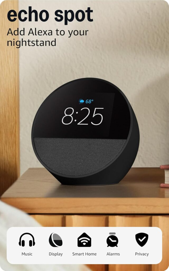 Amazon Echo Spot (newest model), Great for nightstands, offices and kitchens, Smart alarm clock with Alexa+ Early Access, Black