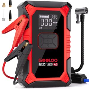 GOOLOO A3 Jump Starter with Air Compressor, 3000A Portable Car Battery Booster (9.0 Gas/6.5L Diesel) with 150PSI Auto-Shutoff Tire Inflator, 12V Supersafe Lithium Jump Box Car Battery Jumper Starter