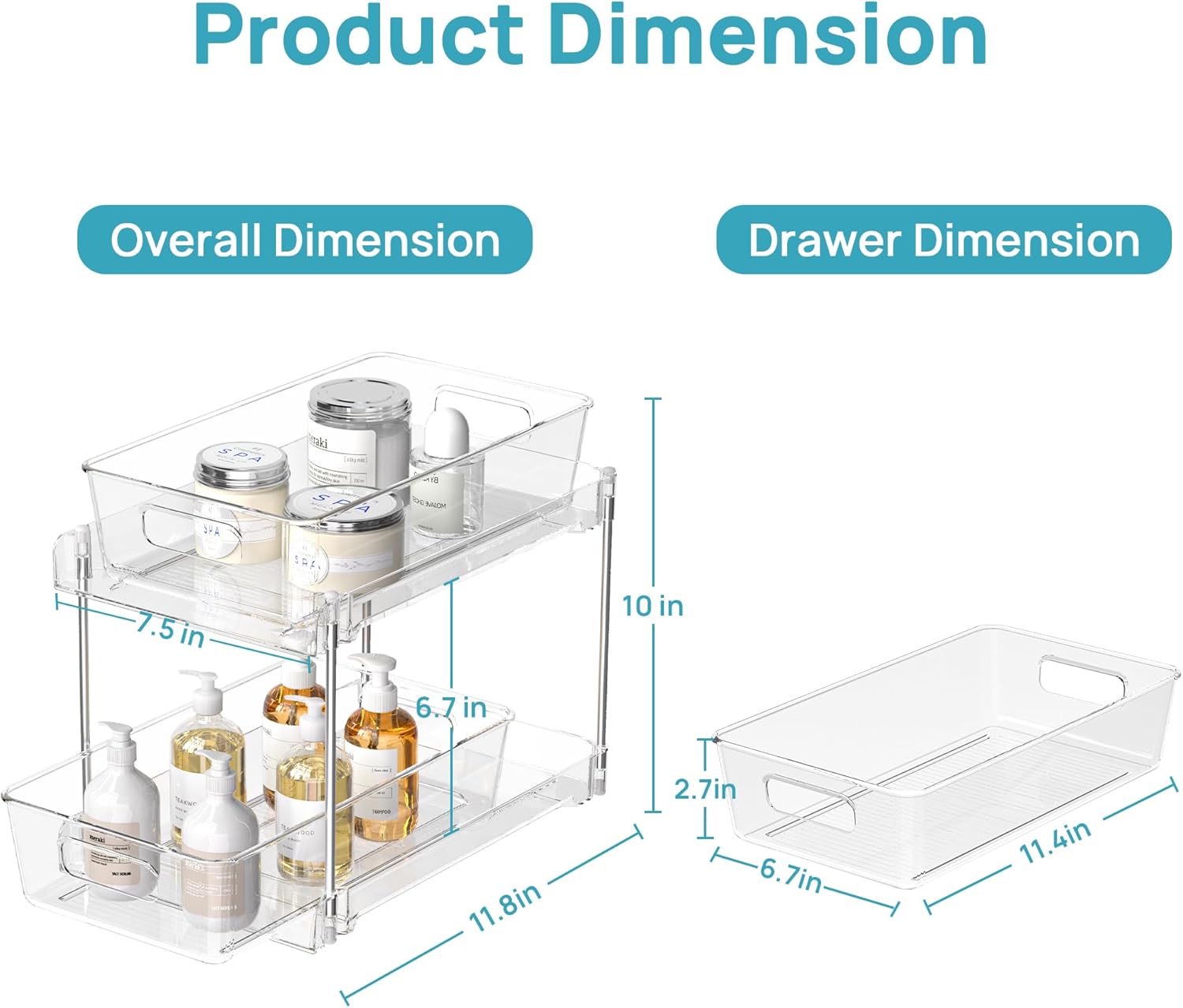 Vtopmart 2 Tier Bathroom Storage Organizer, 2 Pack Clear Under Sink Organizers Vanity Counter Container, Cabinet Drawers Bins, Pull-Out Organization with Track for Pantry, Kitchen - Image 3