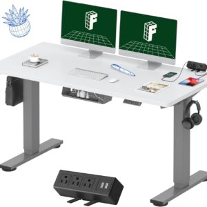 FLEXISPOT EN2 Whole-Piece Standing Desk with Clamp Power Strip, 55 x 28 Electric Stand Up Height Adjustable Desk with Cable Management (Gray Frame + 55″ White Top, 2 Packages)