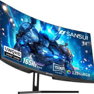 SANSUI 34-Inch Curved Gaming Monitor UWQHD 3440 x 1440 Up to 165Hz Curved 1500R – PIP/PBP, 1ms(MPRT), HDR, 300nits, sRGB 125%, DCI-P3 95%,FreeSync,HDMIx2,DP1.4 x2 (DP Cable Included)