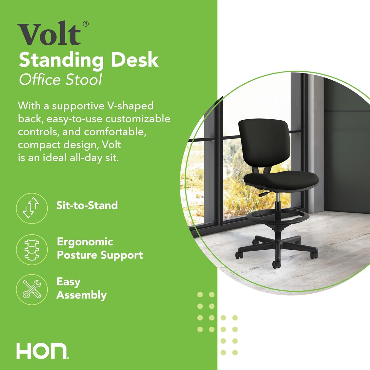 HON Volt Standing Desk Chair, Leather Office Chair with Foot Rest, Armless Drafting Stool, Ergonomic Recline and Center Tilt, for Computers, Offices, Work, Black - Image 3