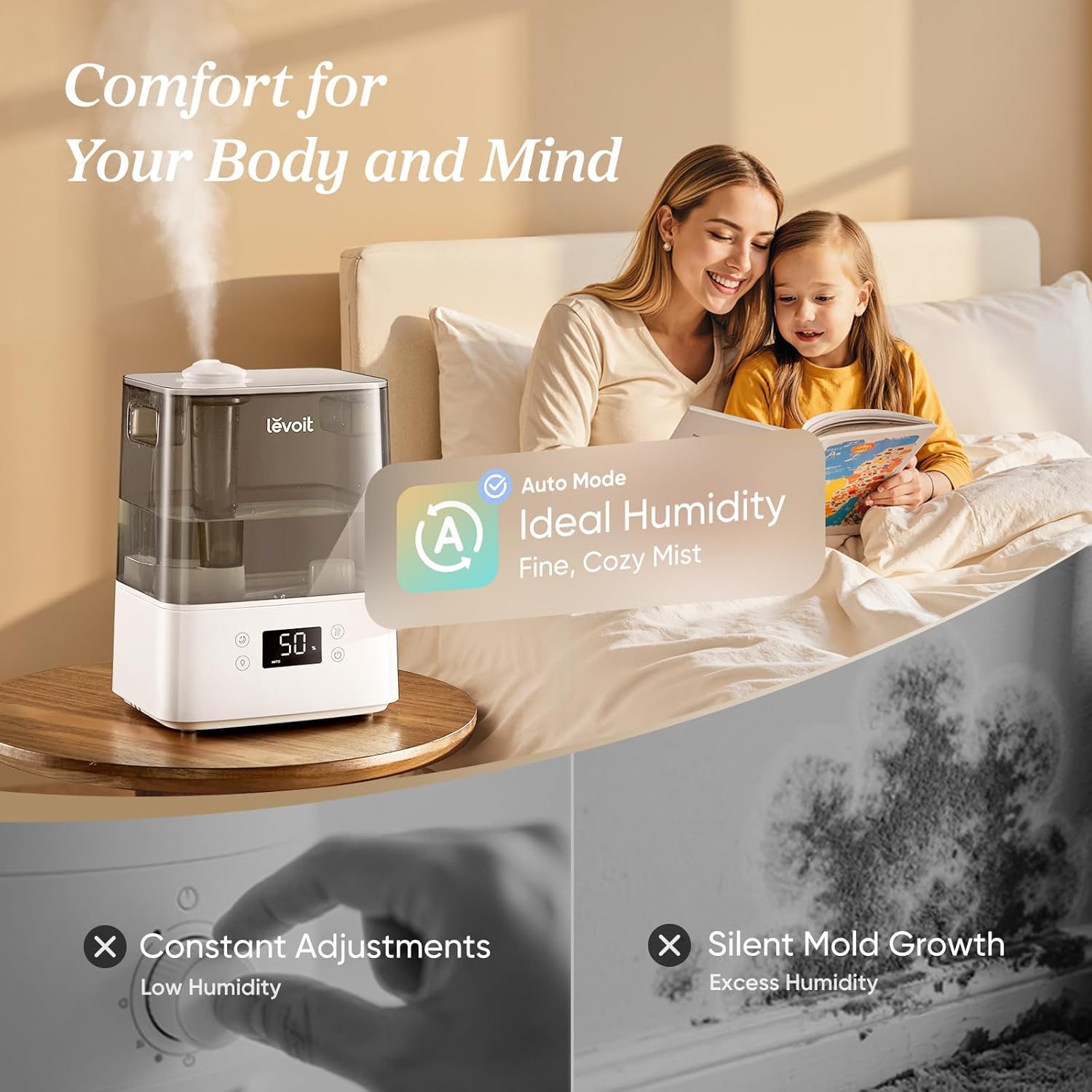 LEVOIT Humidifiers for Bedroom Large Room Home, (6L) Cool Mist Top Fill Essential Oil Diffuser for Baby & Plants, Smart App & Voice Control, Rapid Humidification & Auto Mode - Quiet Sleep Mode, Gray - Image 2