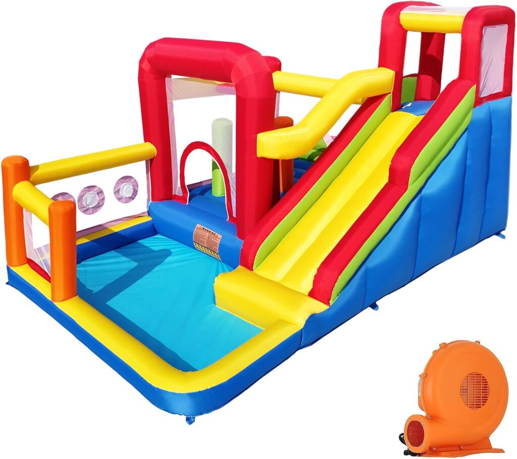 Bounce House, Inflatable Bounce Castle with Blower for Kids, Blow Up Jumping Bouncer with Slide, Climbing Wall, Obstacles, Trampoline, Ball Pit Pool for Indoor Outdoor