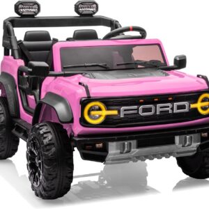 First Ride On 24V Ride on Toys for Big Kids, Licensed Ford Bronco Raptor 2 Seater Ride on Cars with Remote Control, Ride on Truck w/ 4-Wheeler Suspension, 3 Speeds, Led Lights, Bluetooth (24V, Pink)