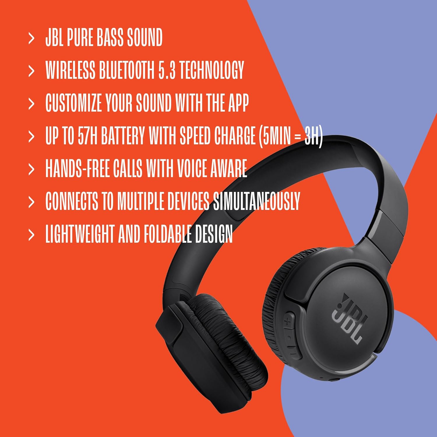 JBL Tune 520BT - Wireless On-Ear Headphones, Up to 57H Battery Life and Speed Charge, Lightweight, Comfortable and Foldable Design, Hands-Free Calls with Voice Aware (Black) - Image 7