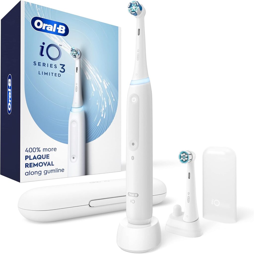 Oral-B iO Deep Clean Rechargeable Electric Powered Toothbrush, White with iO Series 3 Limited, 2 Brush Heads and Travel Case - Pressure Sensor to Protect Gums - 3 Cleaning Settings - 2 Minute Timer