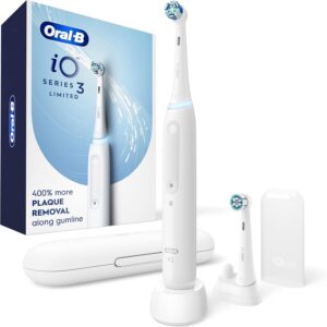 Oral-B iO Deep Clean Rechargeable Electric Powered Toothbrush, White with iO Series 3 Limited, 2 Brush Heads and Travel Case – Pressure Sensor to Protect Gums – 3 Cleaning Settings – 2 Minute Timer