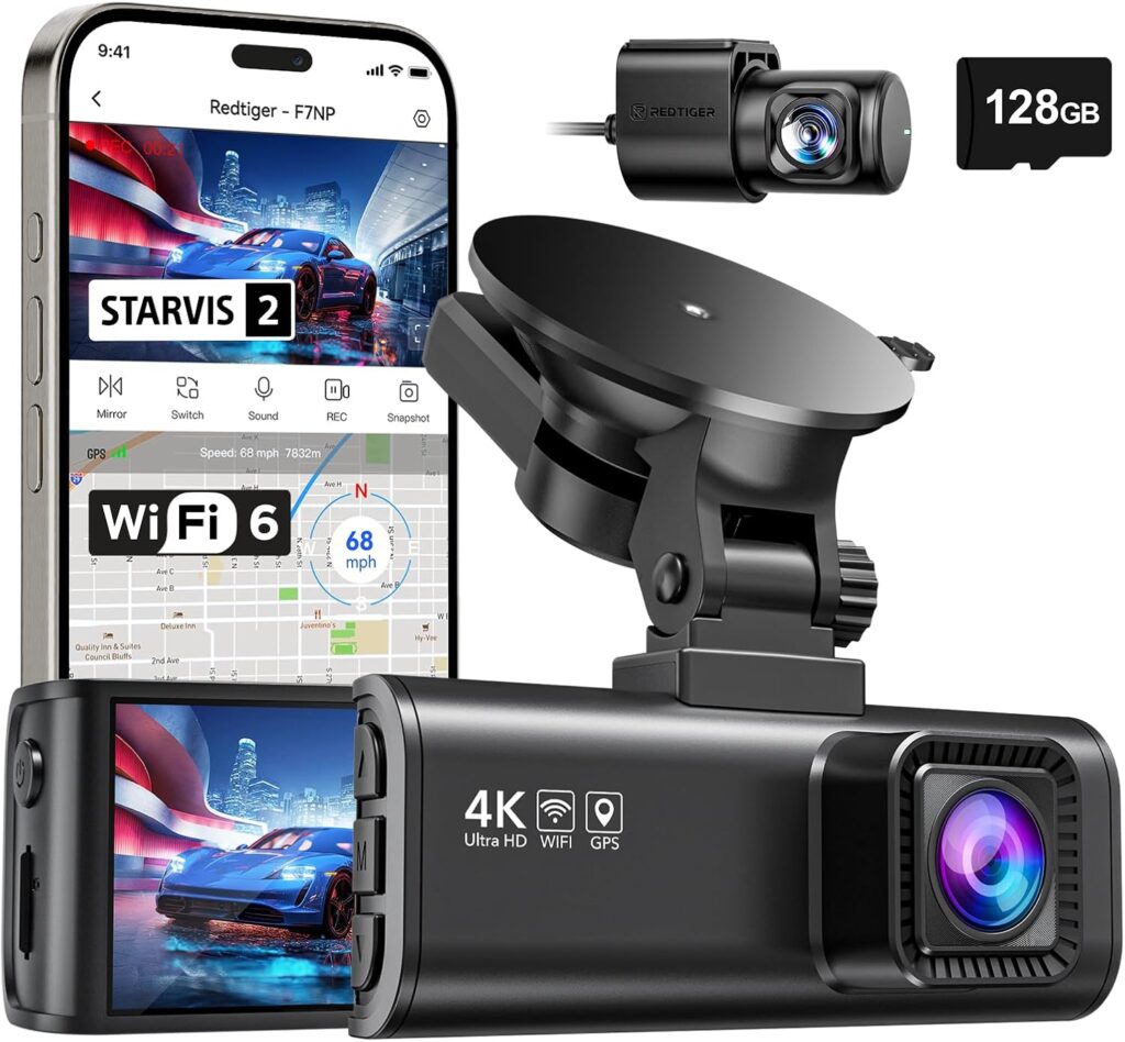 REDTIGER 4K Dash Cam Front Rear, STARVIS 2 Sensor, Free Card Included, 5.8GHz WiFi-20MB/s Fast Download, Dash Camera for Cars with GPS, WDR Night Vision, 170°Wide Angle, 24H Parking Mode(F7NP)
