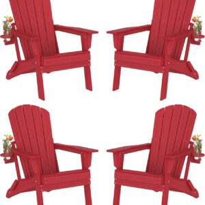Plawdlik Folding Adirondack Chair Set of 4, SGS Tested, Wooden Textured with Cup Holder, Heavy All-Weather HDPE Comfortable Set Poolside Backyard Lawn,Red