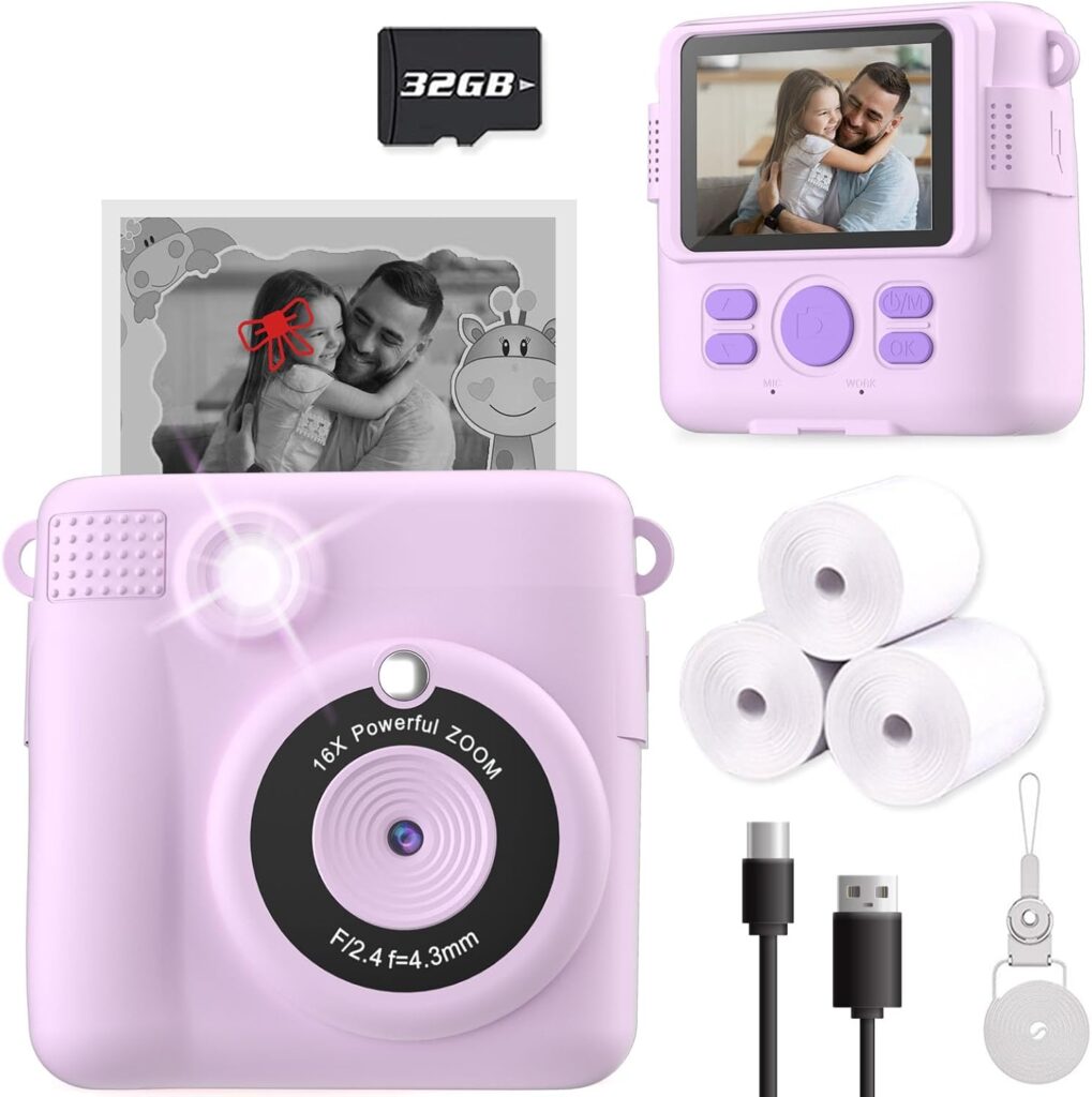 Instant Print Camera for Kids, Christmas Birthday Gifts for Girls Boys Age 3-12,Kids Digital Cameras for Toddler, Portable Toy for 3 4 5 6 7 8 9 10 Year Old Girl with 32GB SD Card-Purple