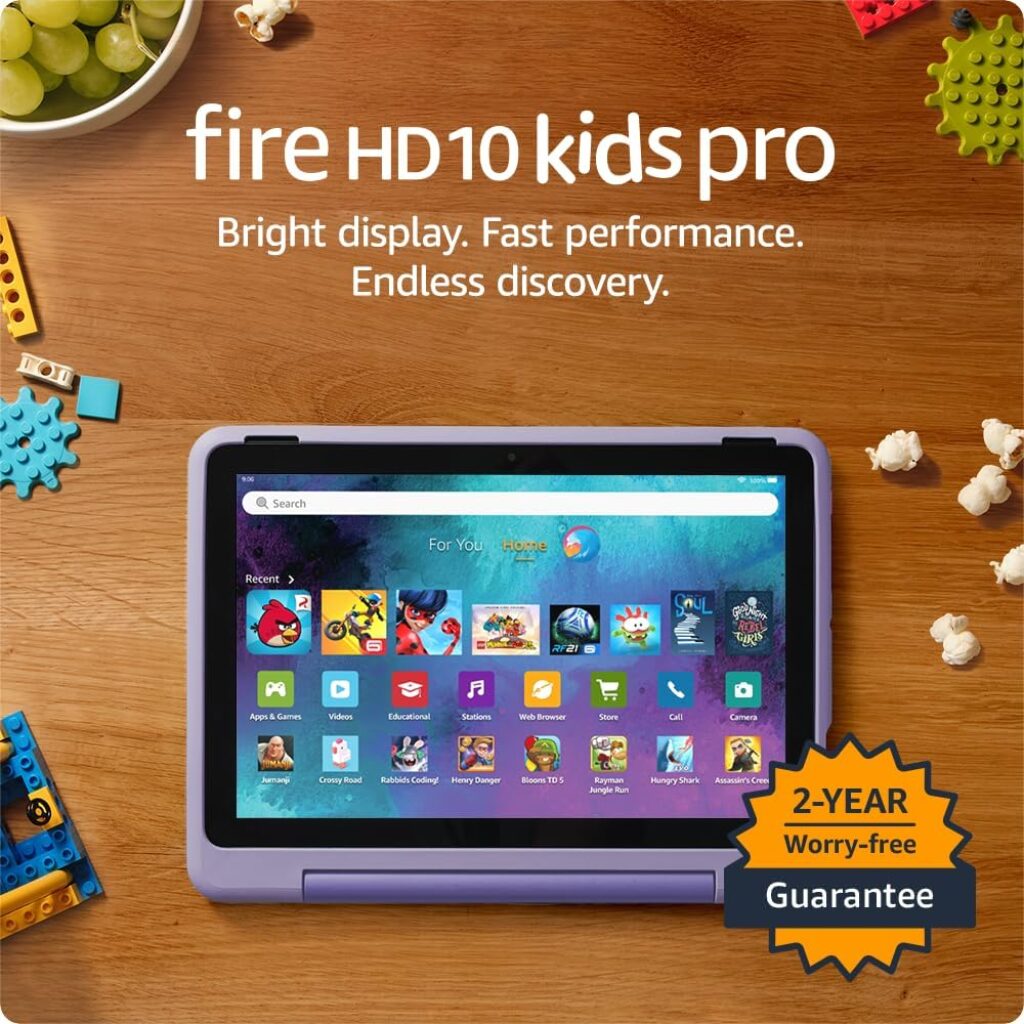 Amazon Fire HD 10 Kids Pro tablet, ages 6-12. Bright 10.1" HD screen, includes ad-free content, robust parental controls, 13-hr battery and slim case for older kids, 32 GB, Happy Day
