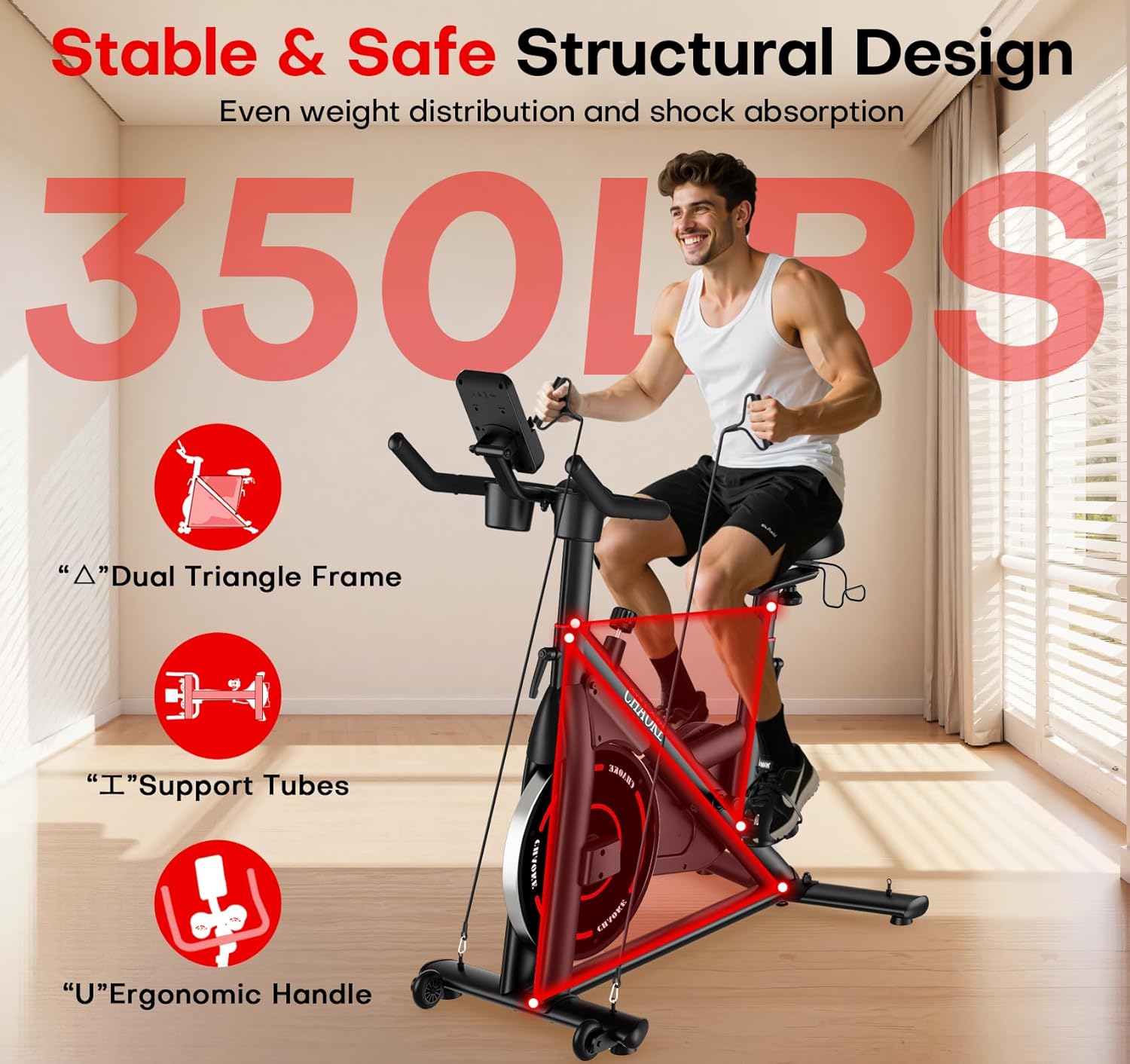 CHAOKE Exercise Bike, Quiet Adjustable Magnetic Stationary Bike for Home Cardio with App Compatible, 350LB Weight Capacity Indoor Cycling Bike with Large Seat, Dumbbell Rack, Pull Cords & LCD Display - Image 4