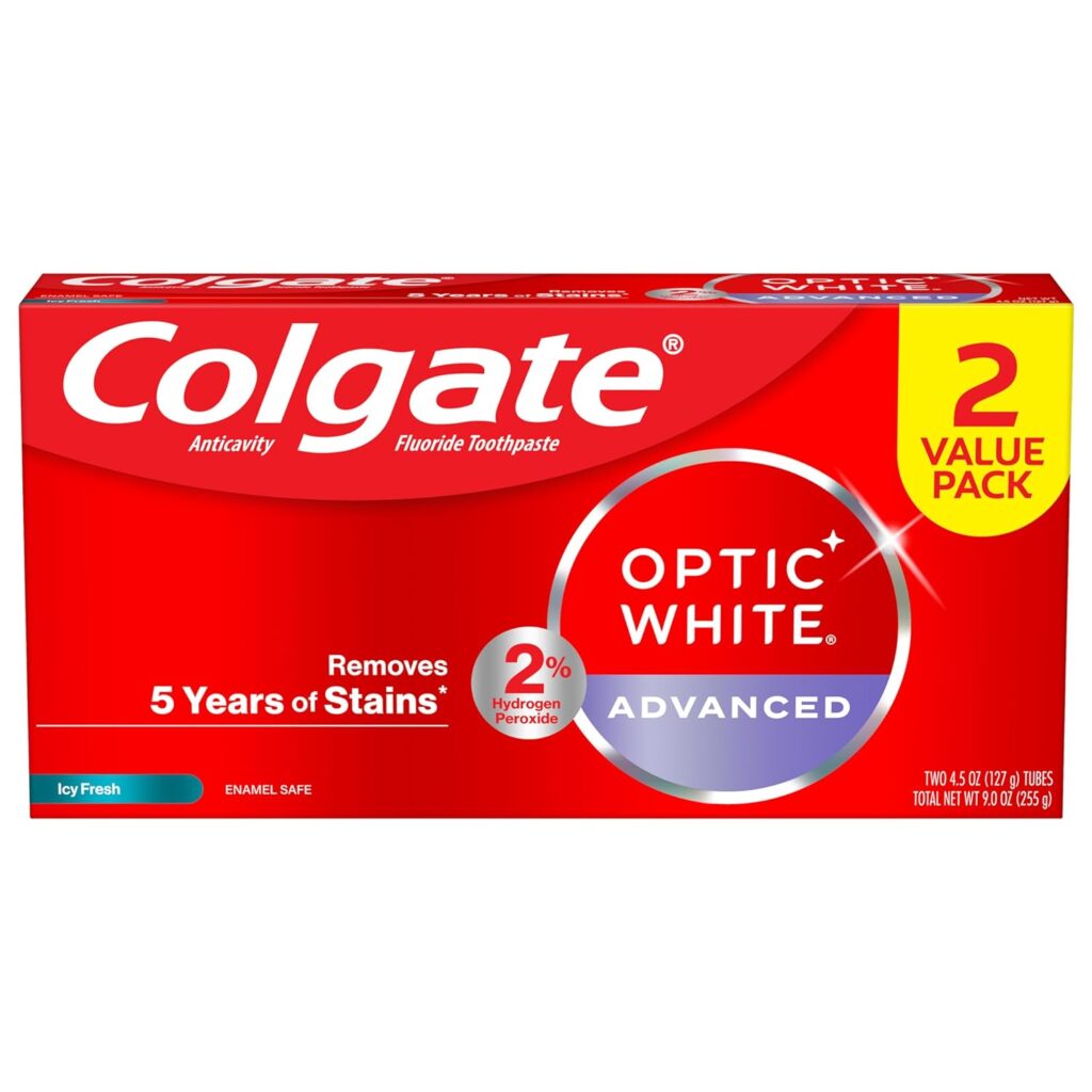 Colgate Optic White Advanced Hydrogen Peroxide Toothpaste Pack, Teeth Whitening Toothpaste, Enamel-Safe Hydrogen Peroxide Formula, Helps Remove Tea, Coffee, and Wine Stains, ICY Fresh, 2 Pack, 4.5 oz