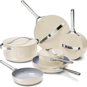 Caraway Deluxe Non-stick Ceramic Cookware Set (16 Piece) Pots, Frying Pans, Lids and Kitchen Storage – PFAS & PFOA Free – Oven Safe Pan Set & Compatible with All Stovetops – Cream