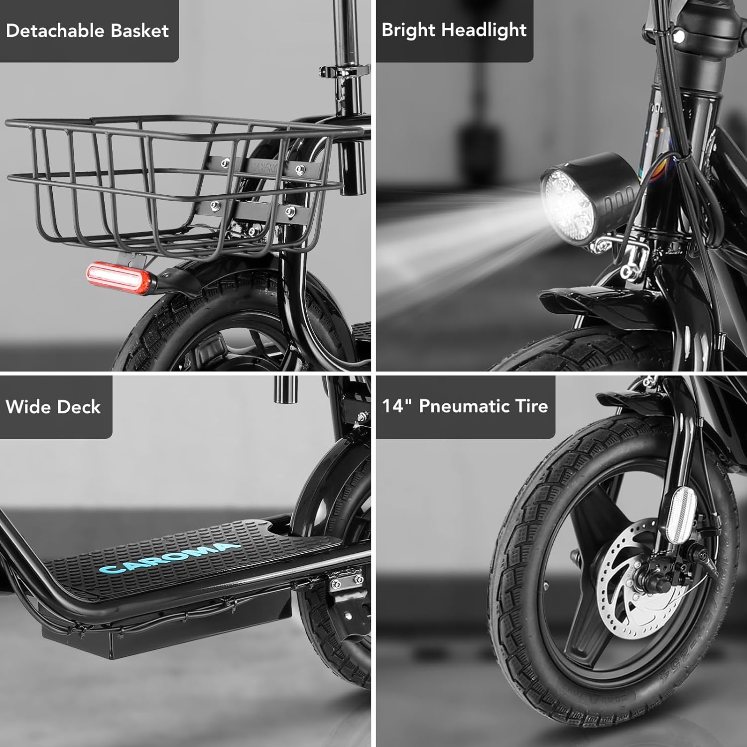 Caroma Electric Scooter with Seat for Adults, Max 30Miles Ranges&20Mph, 500/800/1200W Motor, 14" Fat Tire Foldable Commuter E-Scooter with Basket for Pets & Cargo, 300lbs Max Load - Image 6
