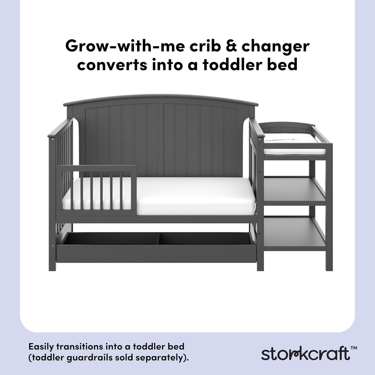 Storkcraft Steveston 5-in-1 Convertible Crib and Changer with Drawer (Gray) – GREENGUARD Gold Certified, Crib and Changing Table Combo with Drawer, Converts to Toddler Bed, Daybed and Full-Size Bed - Image 4