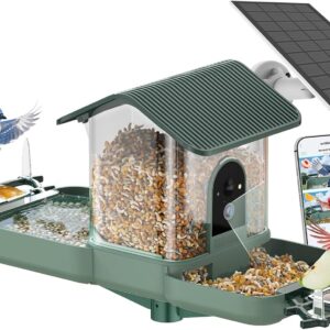 Dual-Lens Bird Feeder with Camera & Bird Bath Combo, Watch Birds Eat & Bathe with WiFi 2K HD Video, Auto Record, AI Recognition, APP Alerts, Solar Powered, for Backyard Garden Porch Fence Decor
