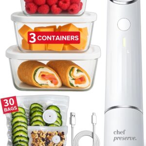 Chef Preserve Compact Vacuum Sealer for Food (Vacuum Sealer Machine + 3 Glass Vacuum Containers + 30 Reusable Vacuum Bags) Powerful Handheld Vacuum Seal Machine, Seal Meal Saver, Portable Food Sealer
