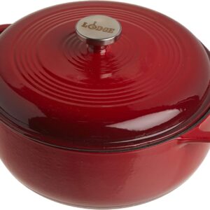 Lodge 6 Quart Enameled Cast Iron Dutch Oven with Lid – Dual Handles – Oven Safe up to 500° F or on Stovetop – Use to Marinate, Cook, Bake, Refrigerate and Serve – Island Spice Red