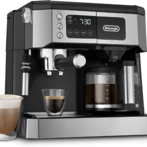 De’Longhi UPGRADED All-in-One Combination Coffee Maker & Espresso Machine + Advanced Adjustable Milk Frother for Cappuccino & Latte + Glass Coffee Pot 10-Cup, COM532M black