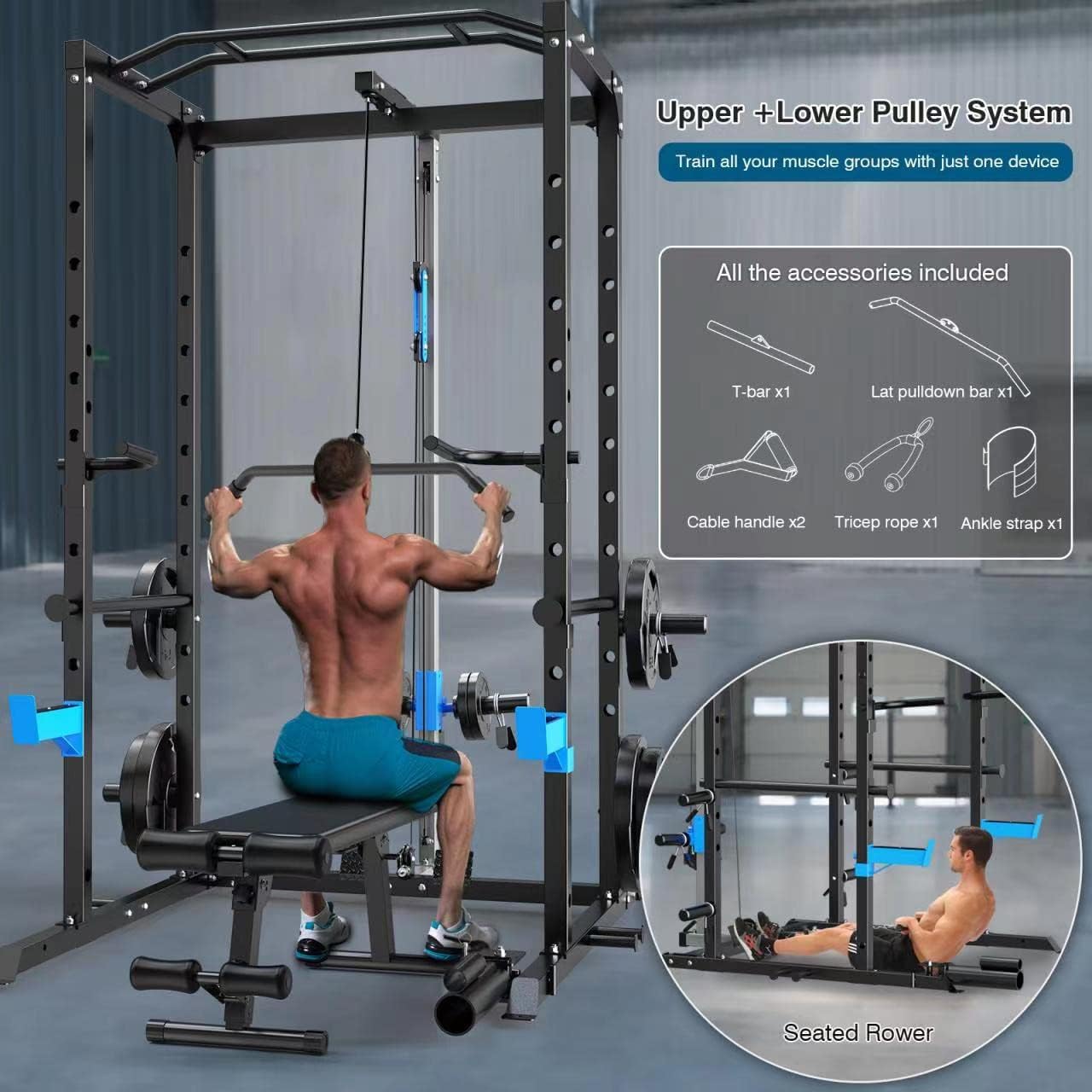Power Cage, Multi-Functional Power Rack with J-Hooks, Dip Handles, Landmine Attachment and Optional Cable Pulley System for Home Gym - Image 2