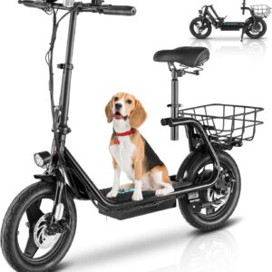 Caroma Electric Scooter with Seat for Adults, Max 30Miles Ranges&20Mph, 500/800/1200W Motor, 14″ Fat Tire Foldable Commuter E-Scooter with Basket for Pets & Cargo, 300lbs Max Load
