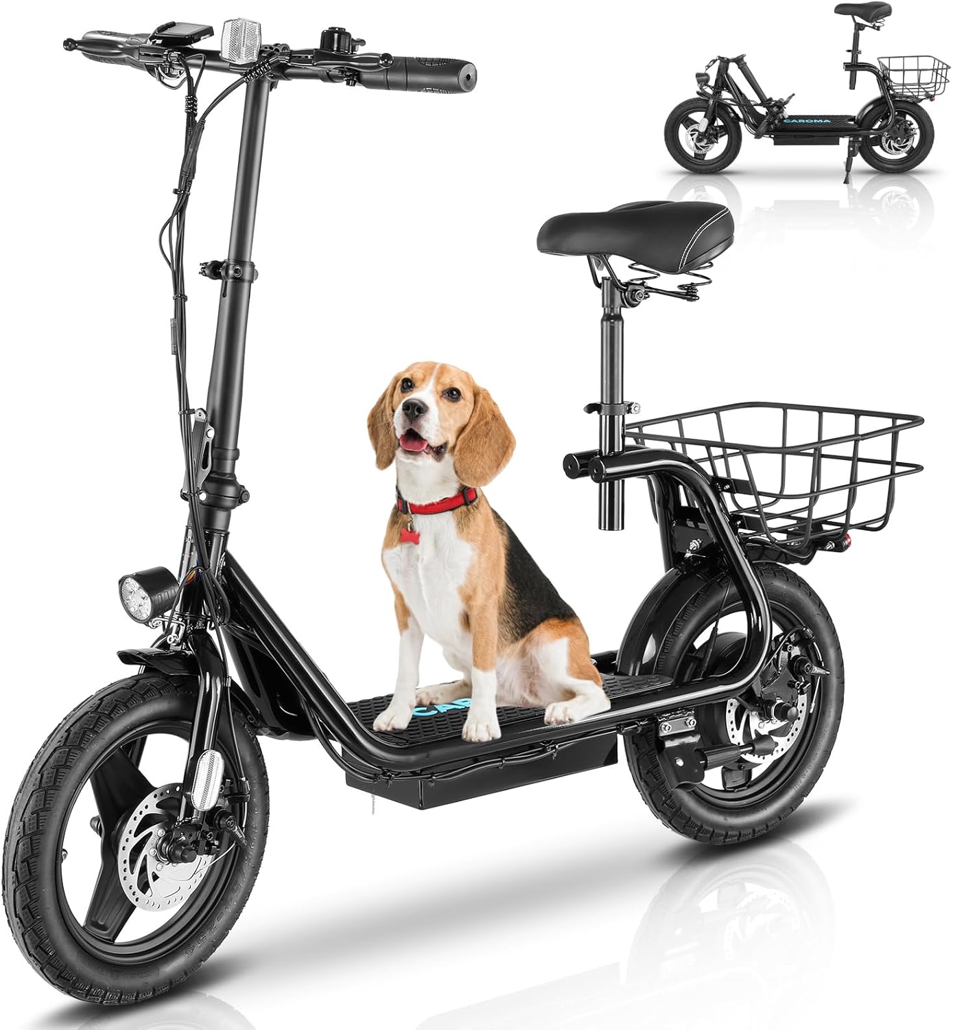 Caroma Electric Scooter with Seat for Adults, Max 30Miles Ranges&20Mph, 500/800/1200W Motor, 14" Fat Tire Foldable Commuter E-Scooter with Basket for Pets & Cargo, 300lbs Max Load
