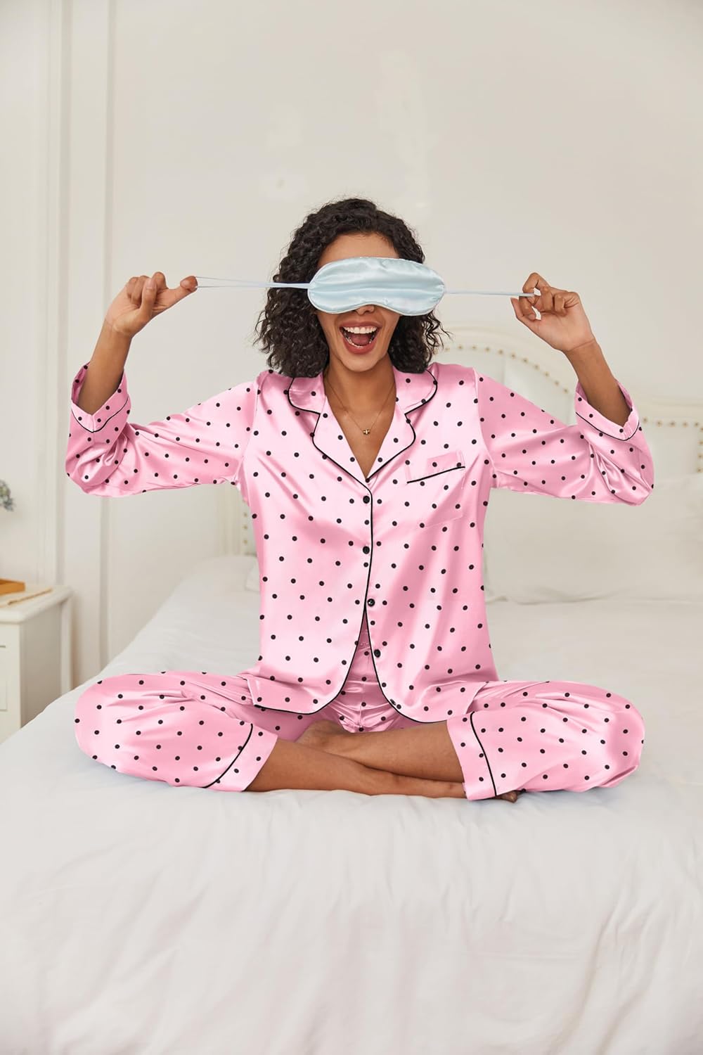 Ekouaer Women's Classic Button Down Long Satin Silk Pajama Set - Image 3