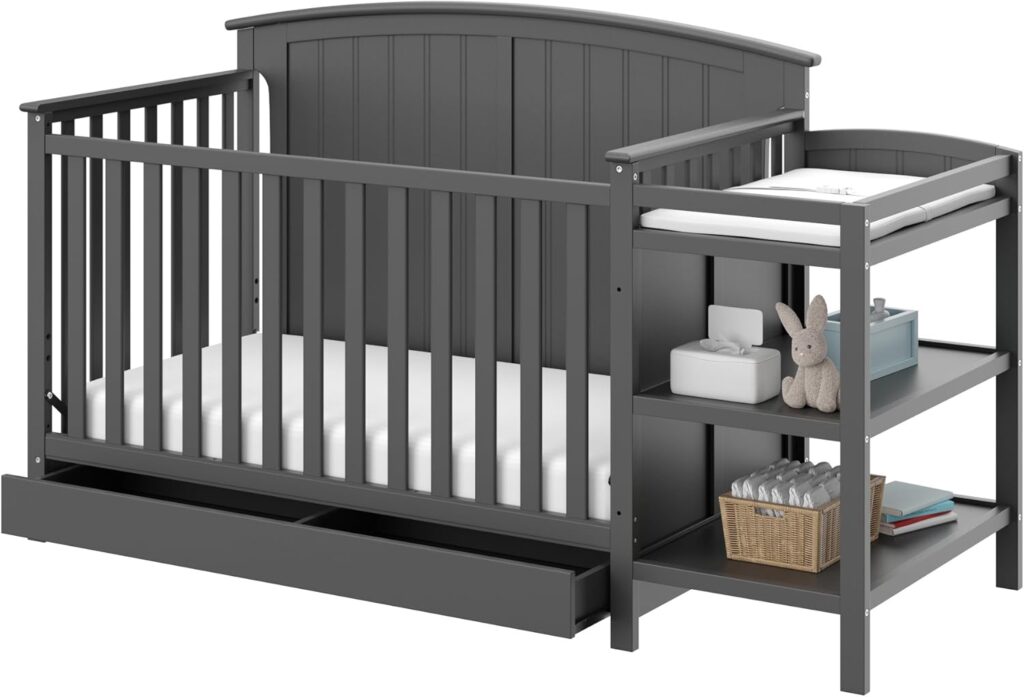 Storkcraft Steveston 5-in-1 Convertible Crib and Changer with Drawer (Gray) – GREENGUARD Gold Certified, Crib and Changing Table Combo with Drawer, Converts to Toddler Bed, Daybed and Full-Size Bed
