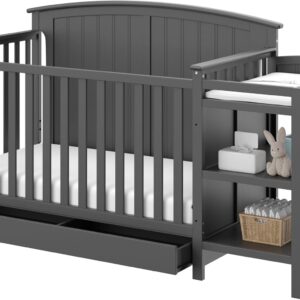 Storkcraft Steveston 5-in-1 Convertible Crib and Changer with Drawer (Gray) – GREENGUARD Gold Certified, Crib and Changing Table Combo with Drawer, Converts to Toddler Bed, Daybed and Full-Size Bed