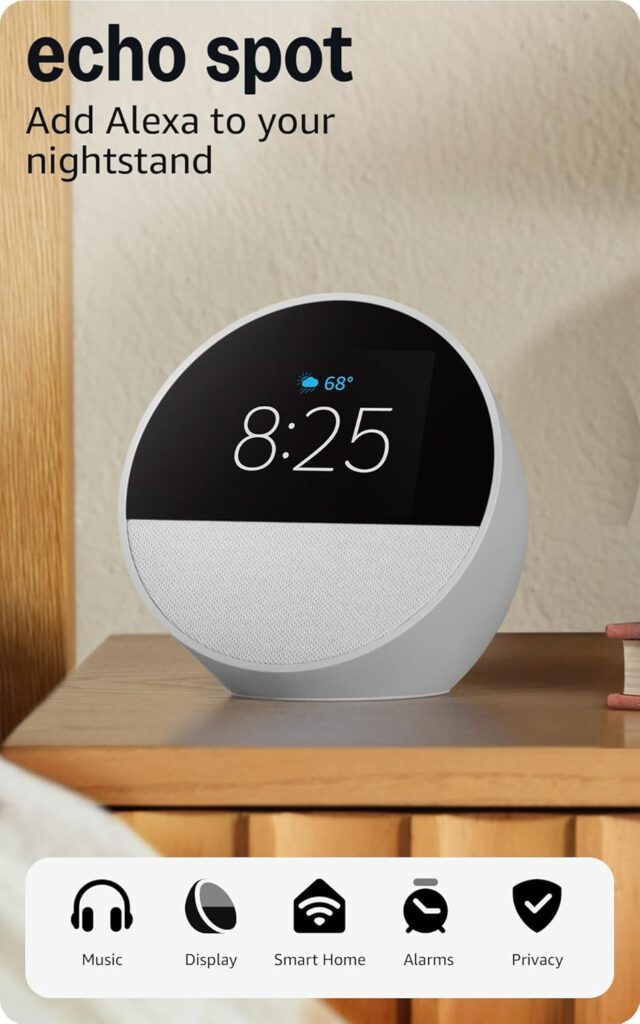 Amazon Echo Spot (newest model), Great for nightstands, offices and kitchens, Smart alarm clock with Alexa+ Early Access, Glacier White