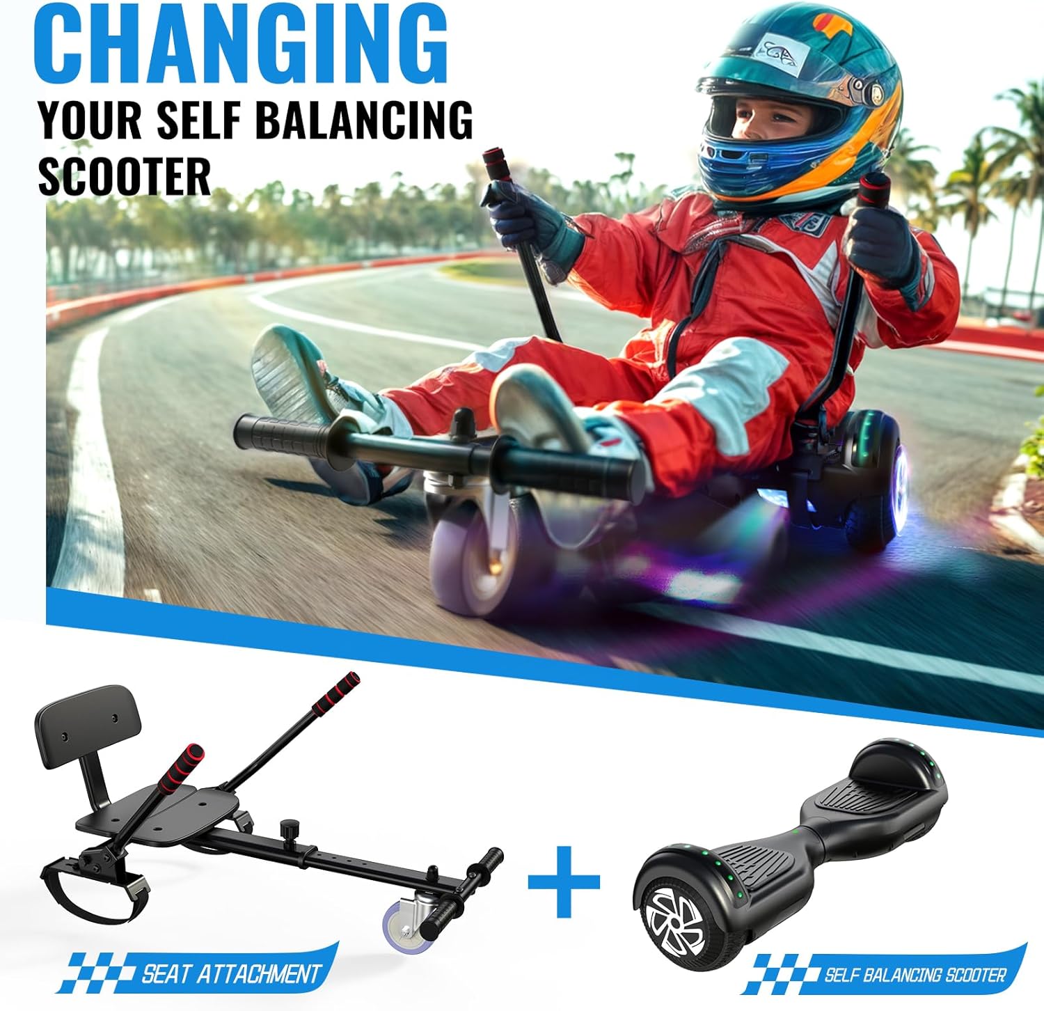 Scooter with Seat Attachment for Kids Adults, 6.5'' 8.5''Balancing Scooter with Bluetooth Speakers & Colorful LED Light with Kart - Image 2